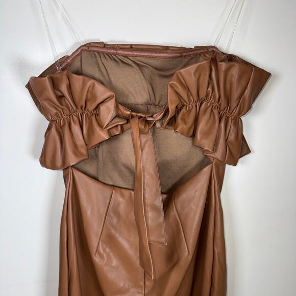 DO + BE Faux Leather Dress Size L Tan Camel Off‑Shoulder Ruffle Mini Dress - Picture 7 of 15